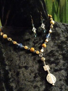 Handcrafted Blue and Tan Beaded Leaf Pendant Necklace and Earrings
